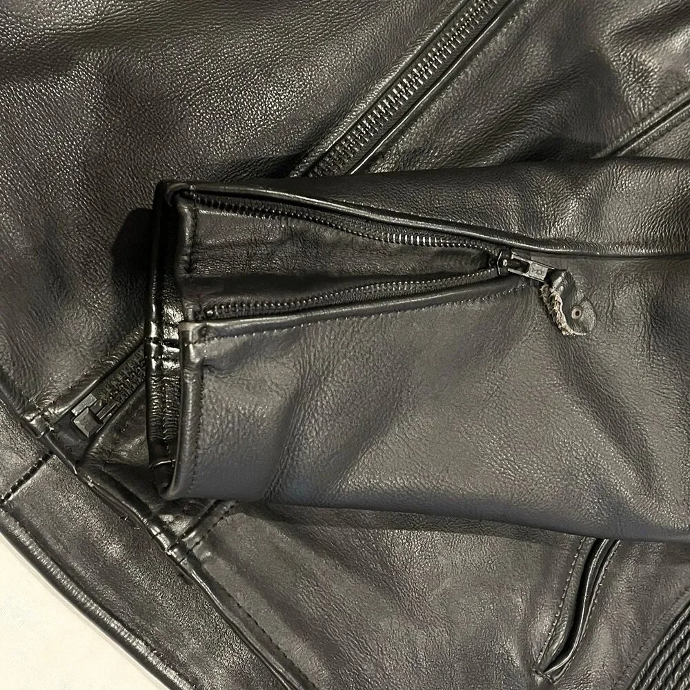 UNIK Premium Mens Heavy Black Leather Motorcycle Jacket Size 48‎ Cross Zip Liner